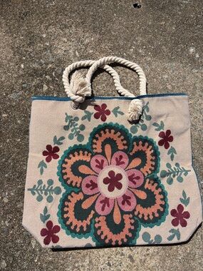 Floral Canvas Tote Bag with Pink & Teal Design